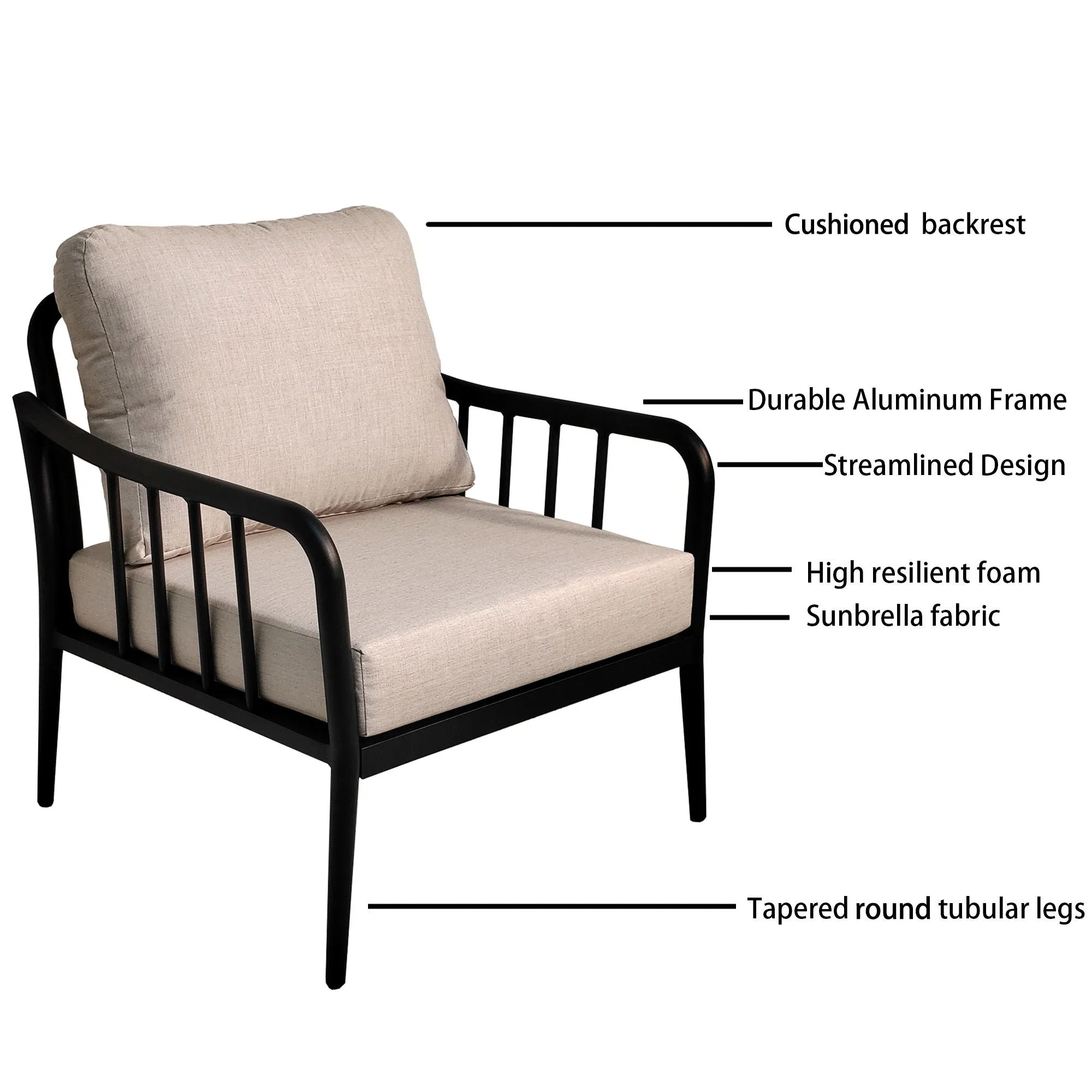 5 Pieces Outdoor Patio, Modern Chat Sofa Conversation Set, Removable Sunbrella Cushions And Table With Carrara Marble Look Sintered Stone Top - Ember Black / White by Couch.com
