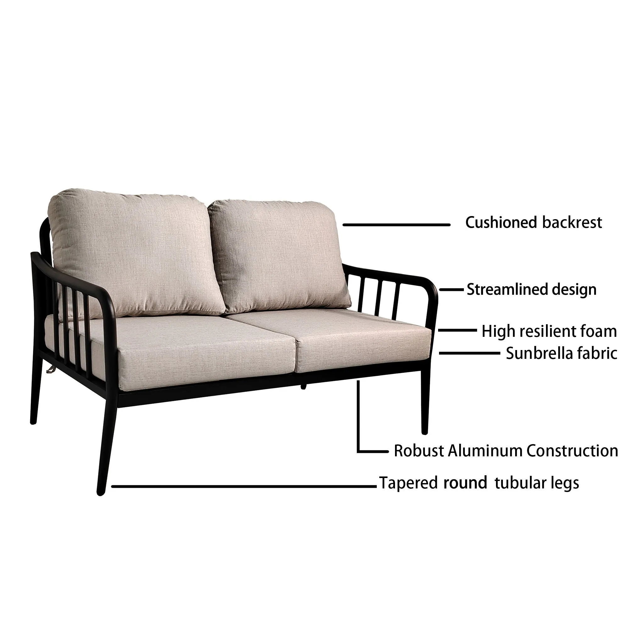 5 Pieces Outdoor Patio, Modern Chat Sofa Conversation Set, Removable Sunbrella Cushions And Table With Carrara Marble Look Sintered Stone Top - Ember Black / White by Couch.com