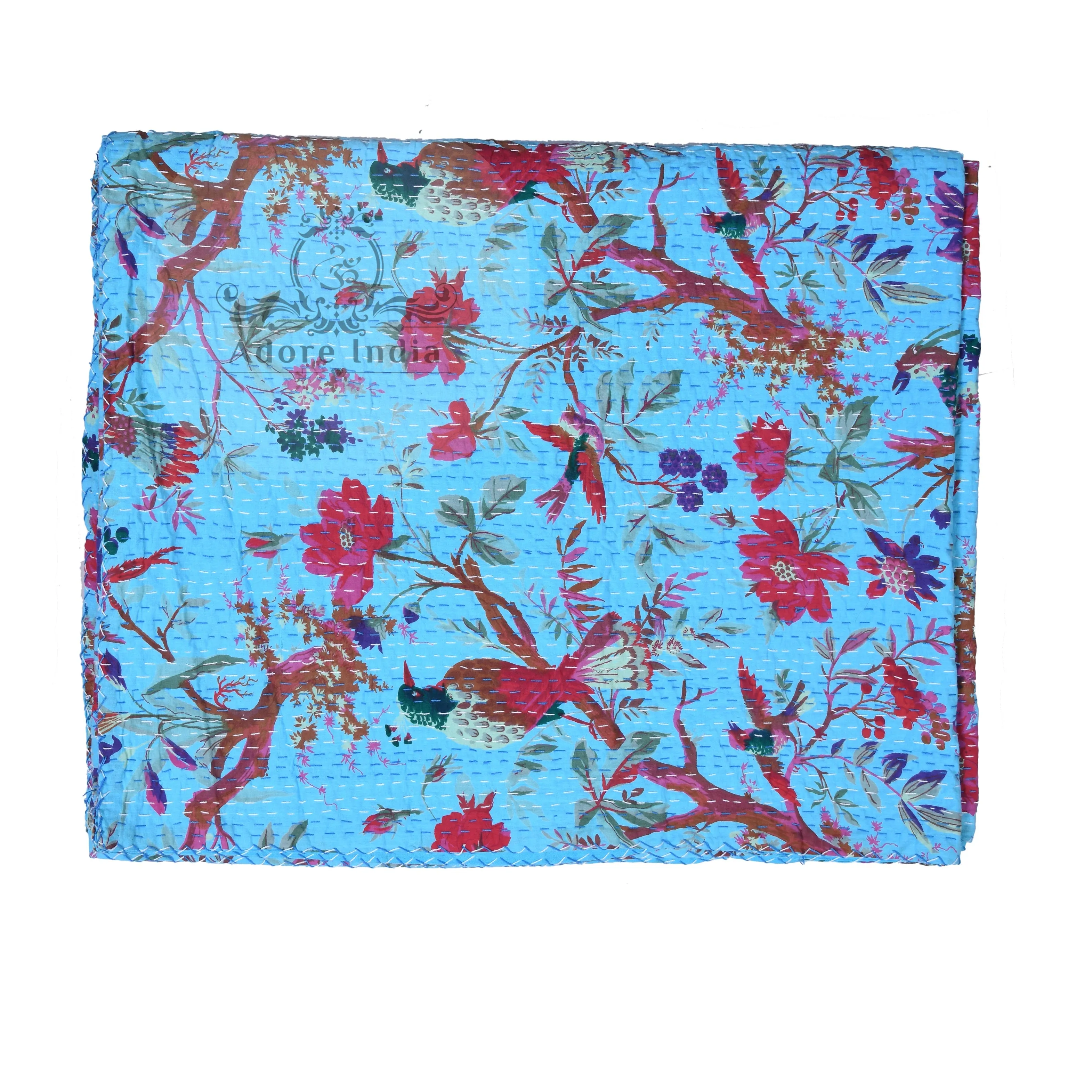 Aqua Blue Bird of Prey Cotton Reversible Kantha Quilt Bedspread Throw