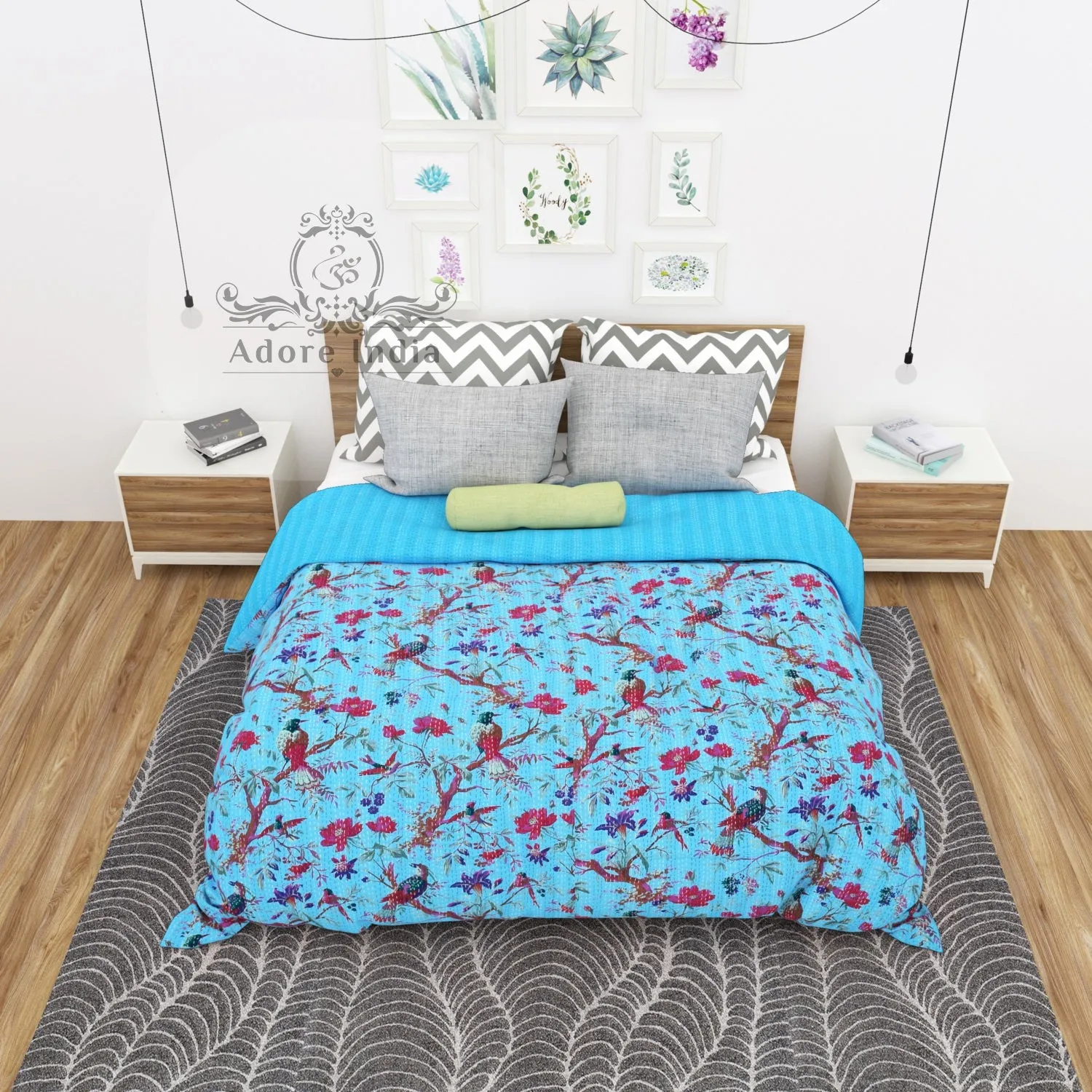 Aqua Blue Bird of Prey Cotton Reversible Kantha Quilt Bedspread Throw