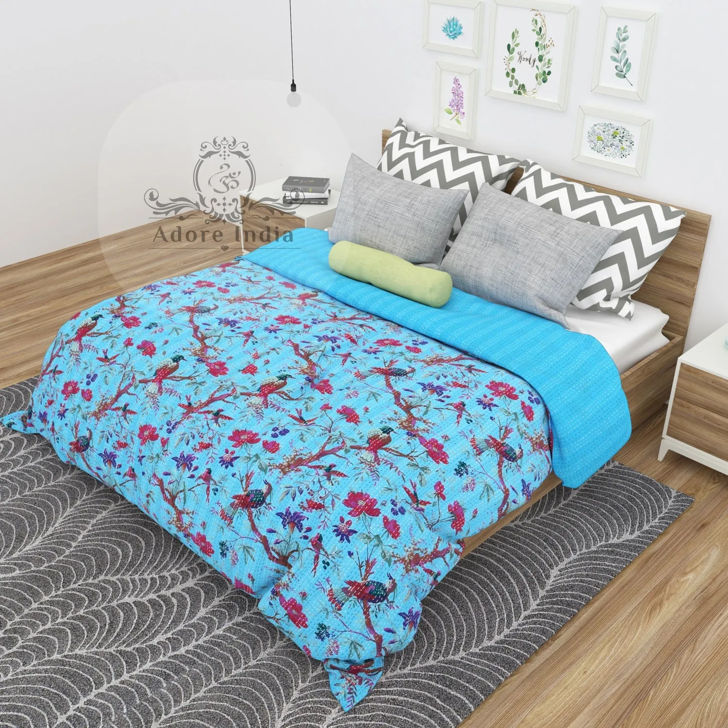 Aqua Blue Bird of Prey Cotton Reversible Kantha Quilt Bedspread Throw