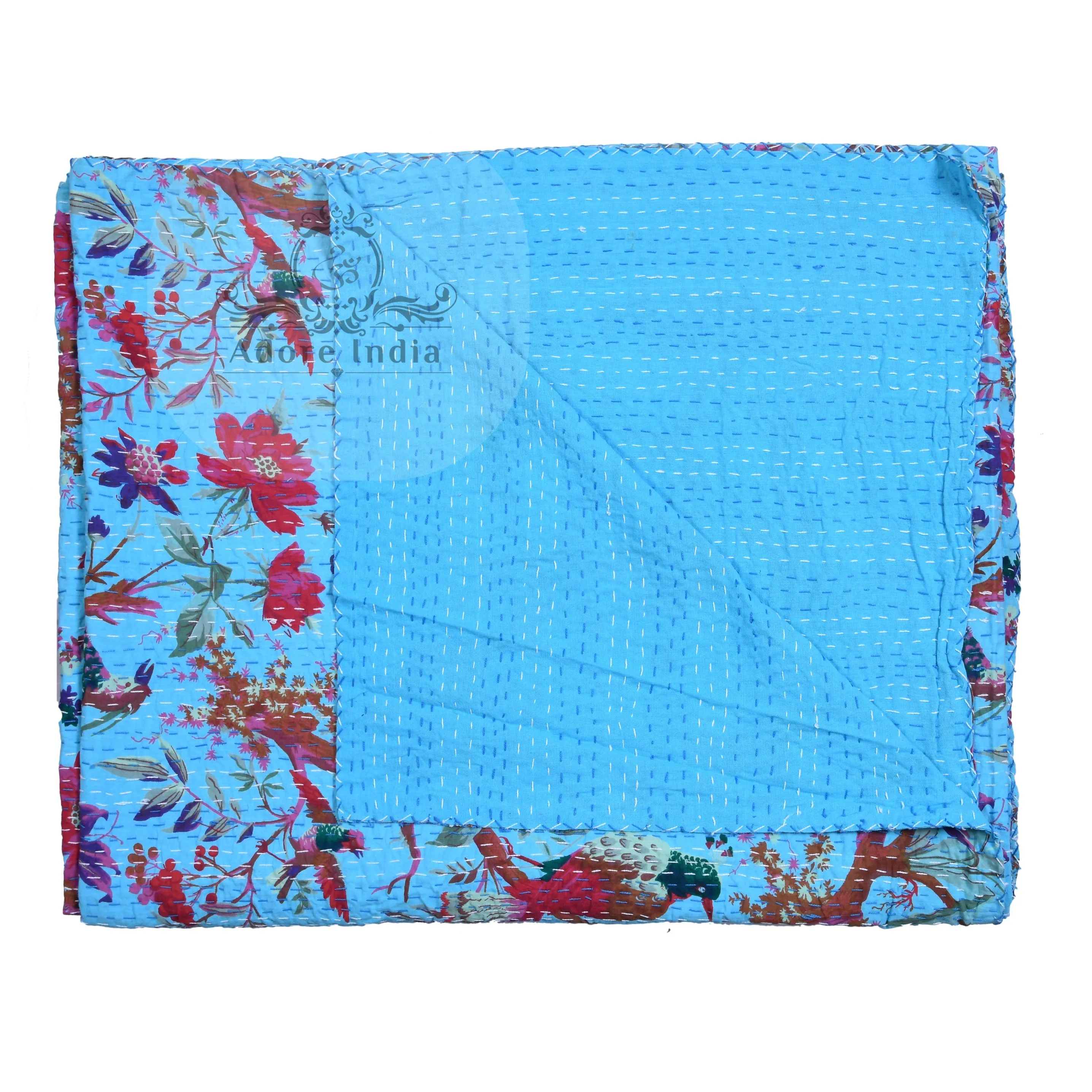 Aqua Blue Bird of Prey Cotton Reversible Kantha Quilt Bedspread Throw