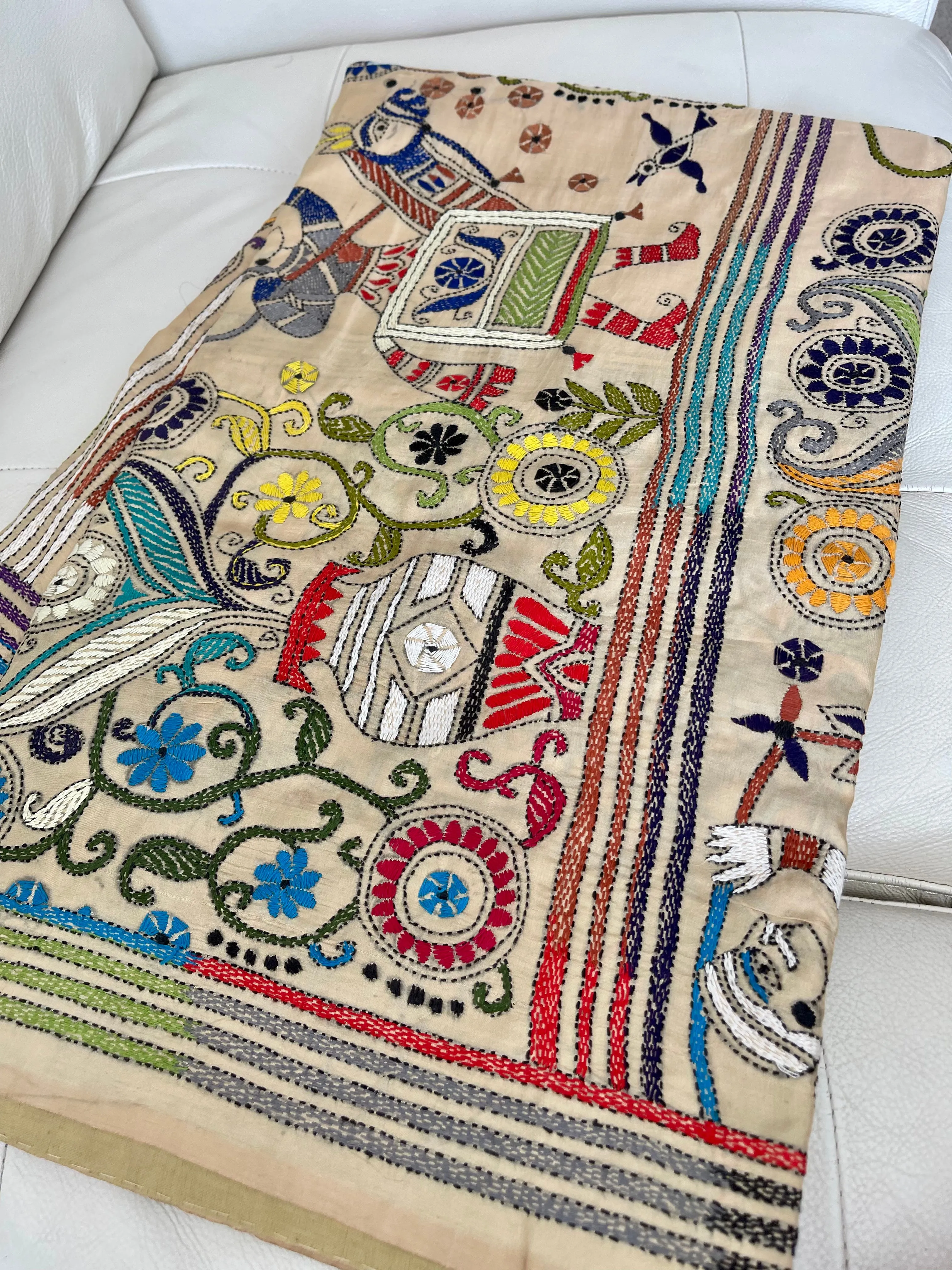 Beige Pure Bangalore Silk Kantha Stitch Saree