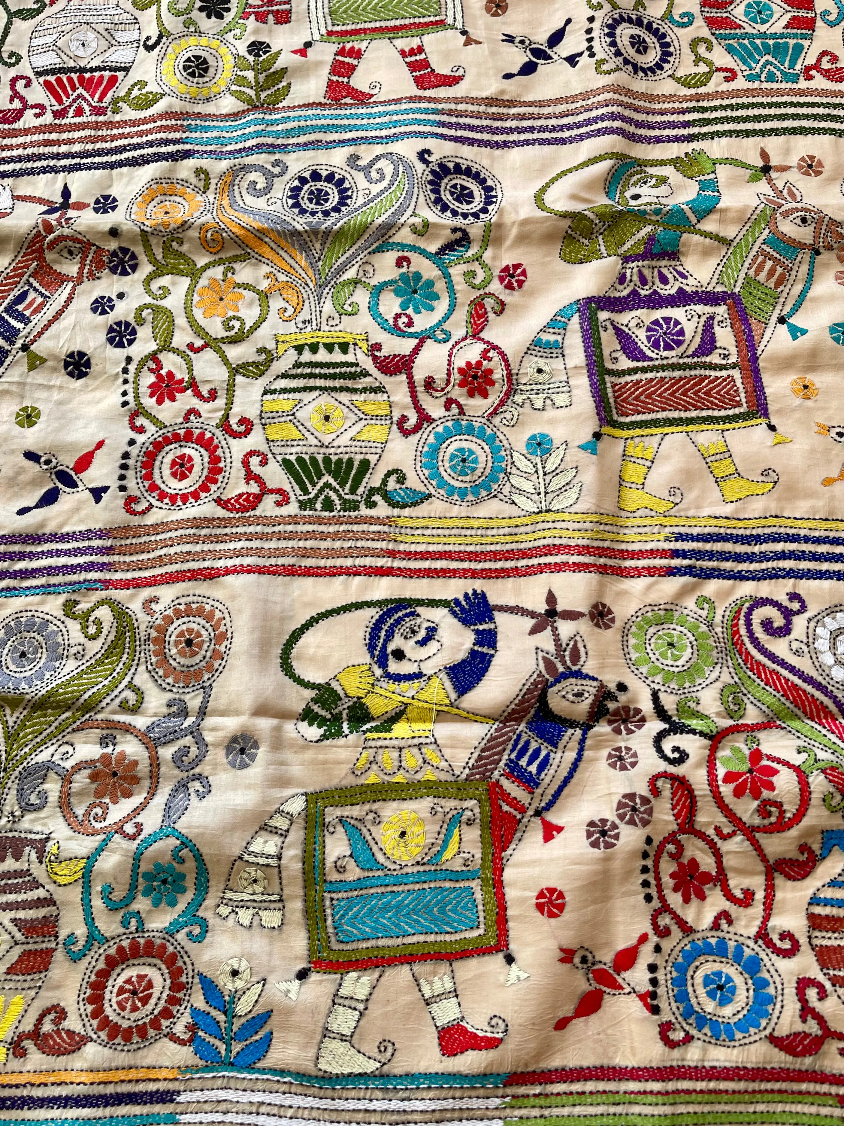 Beige Pure Bangalore Silk Kantha Stitch Saree