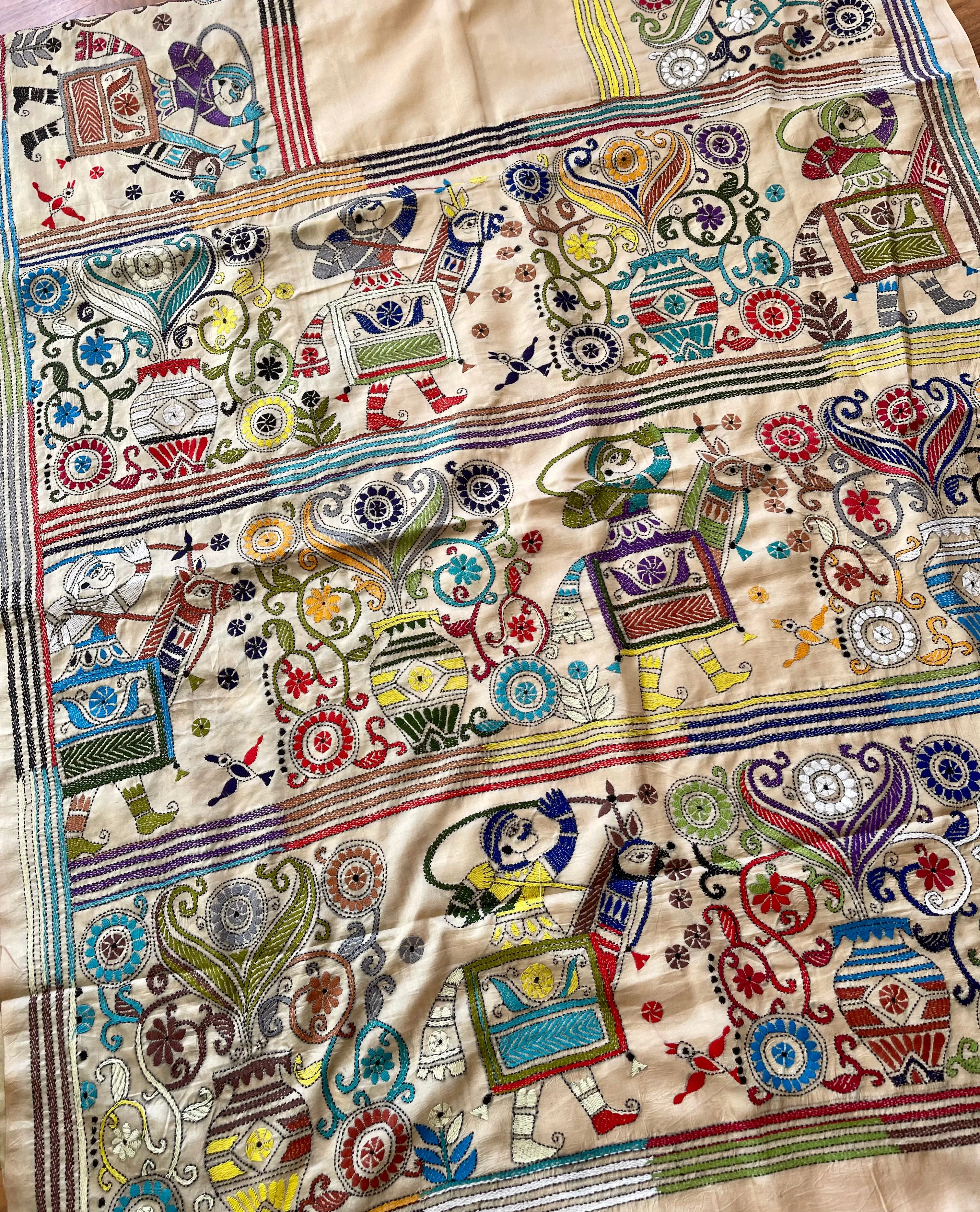 Beige Pure Bangalore Silk Kantha Stitch Saree