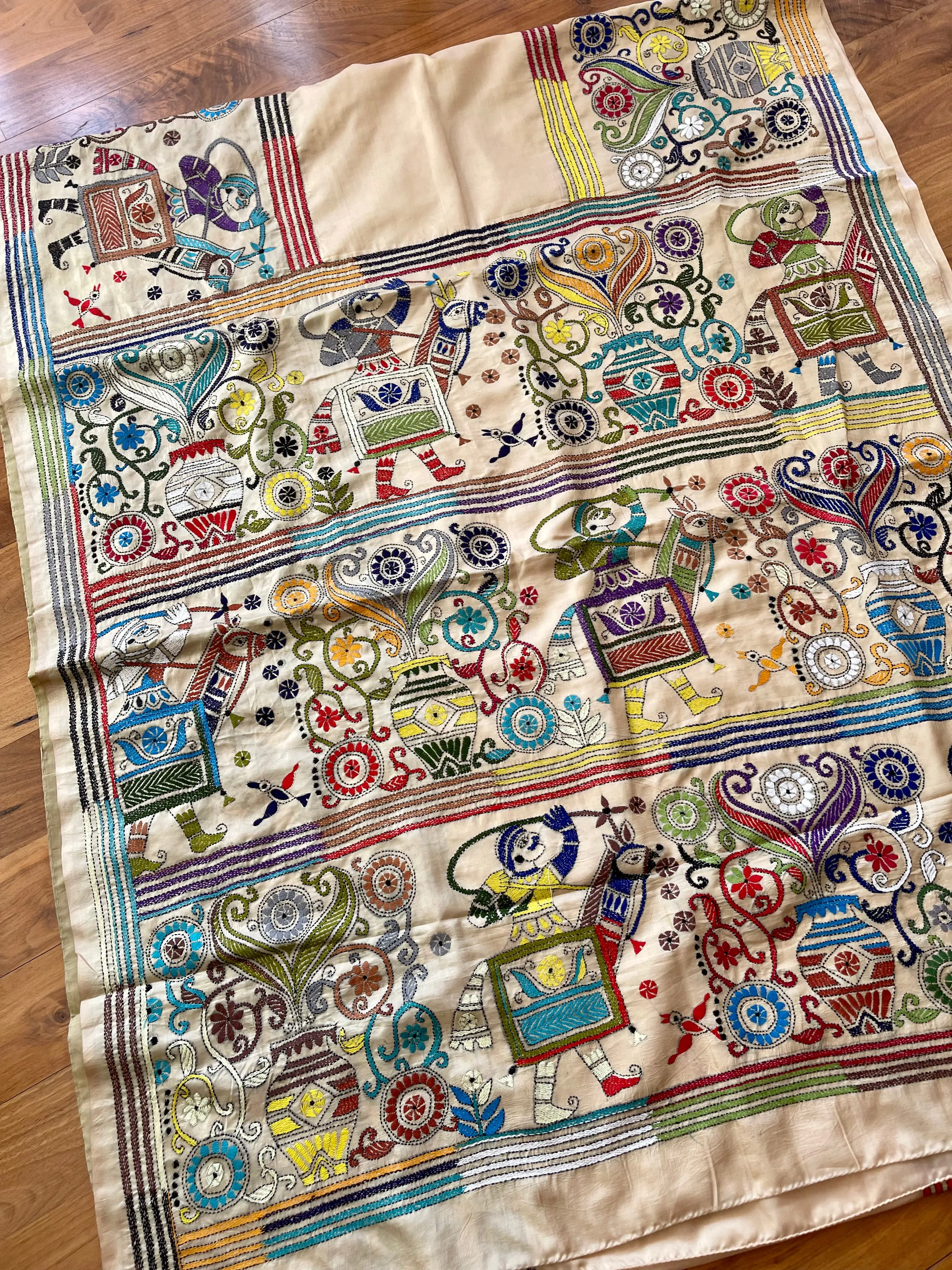 Beige Pure Bangalore Silk Kantha Stitch Saree