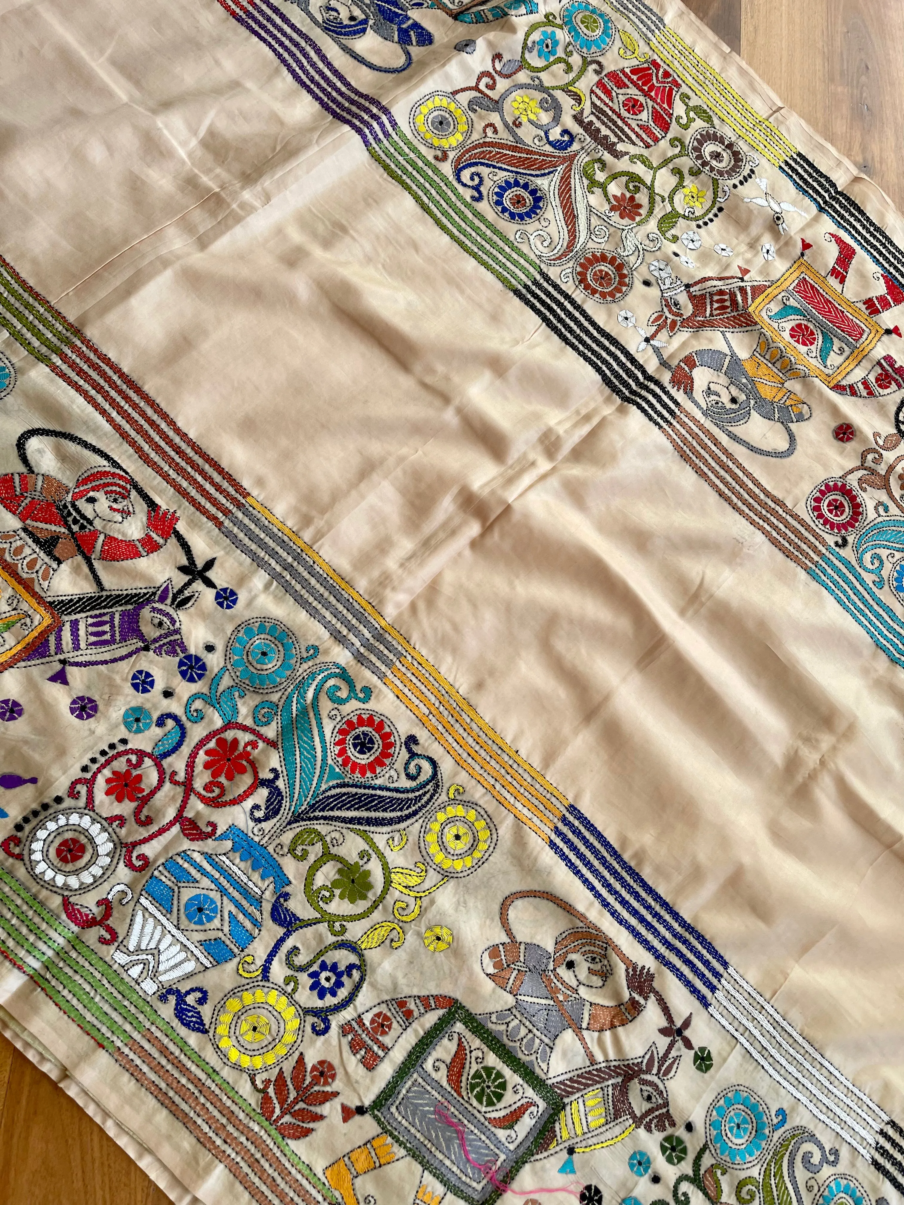 Beige Pure Bangalore Silk Kantha Stitch Saree
