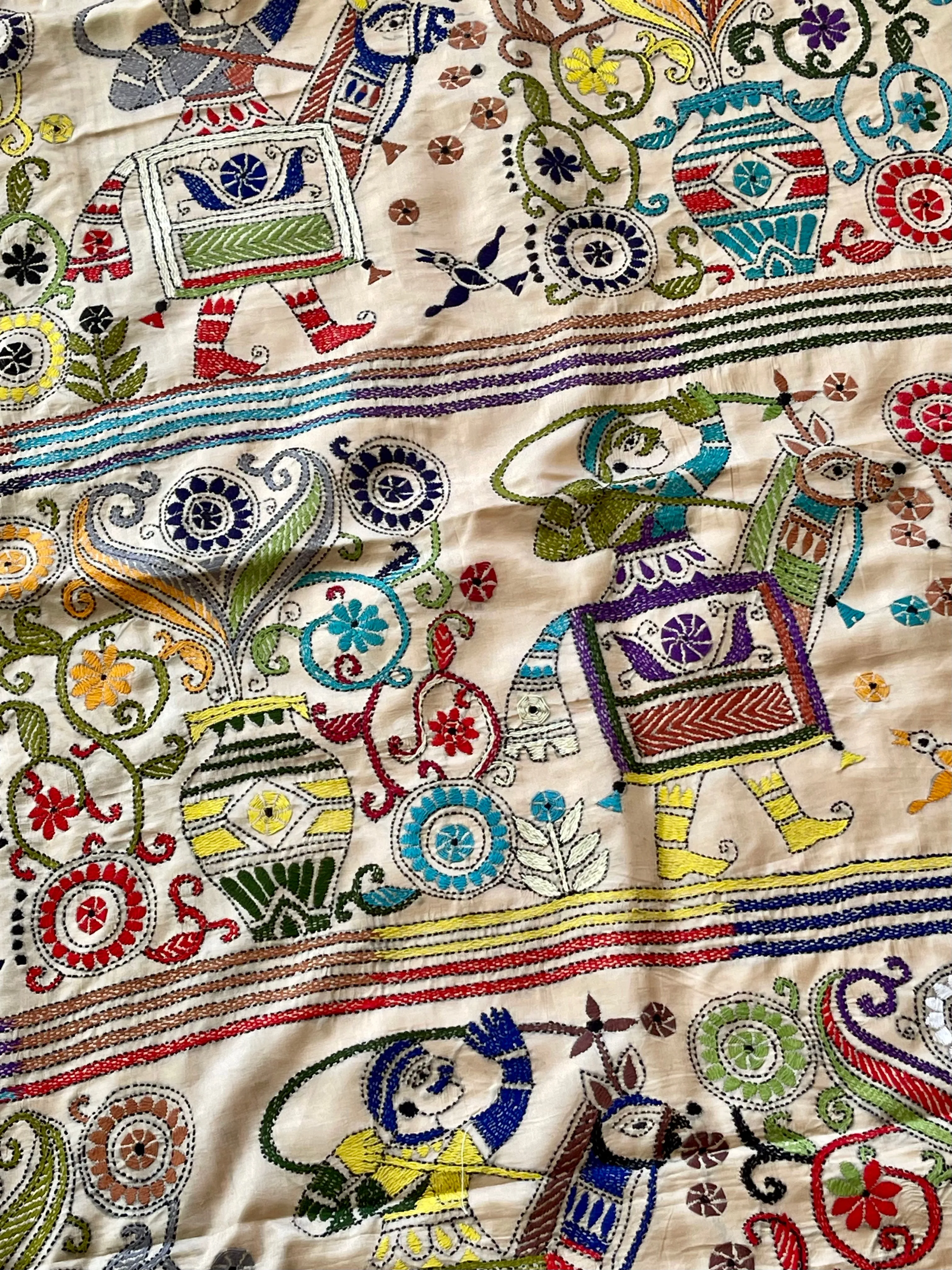 Beige Pure Bangalore Silk Kantha Stitch Saree