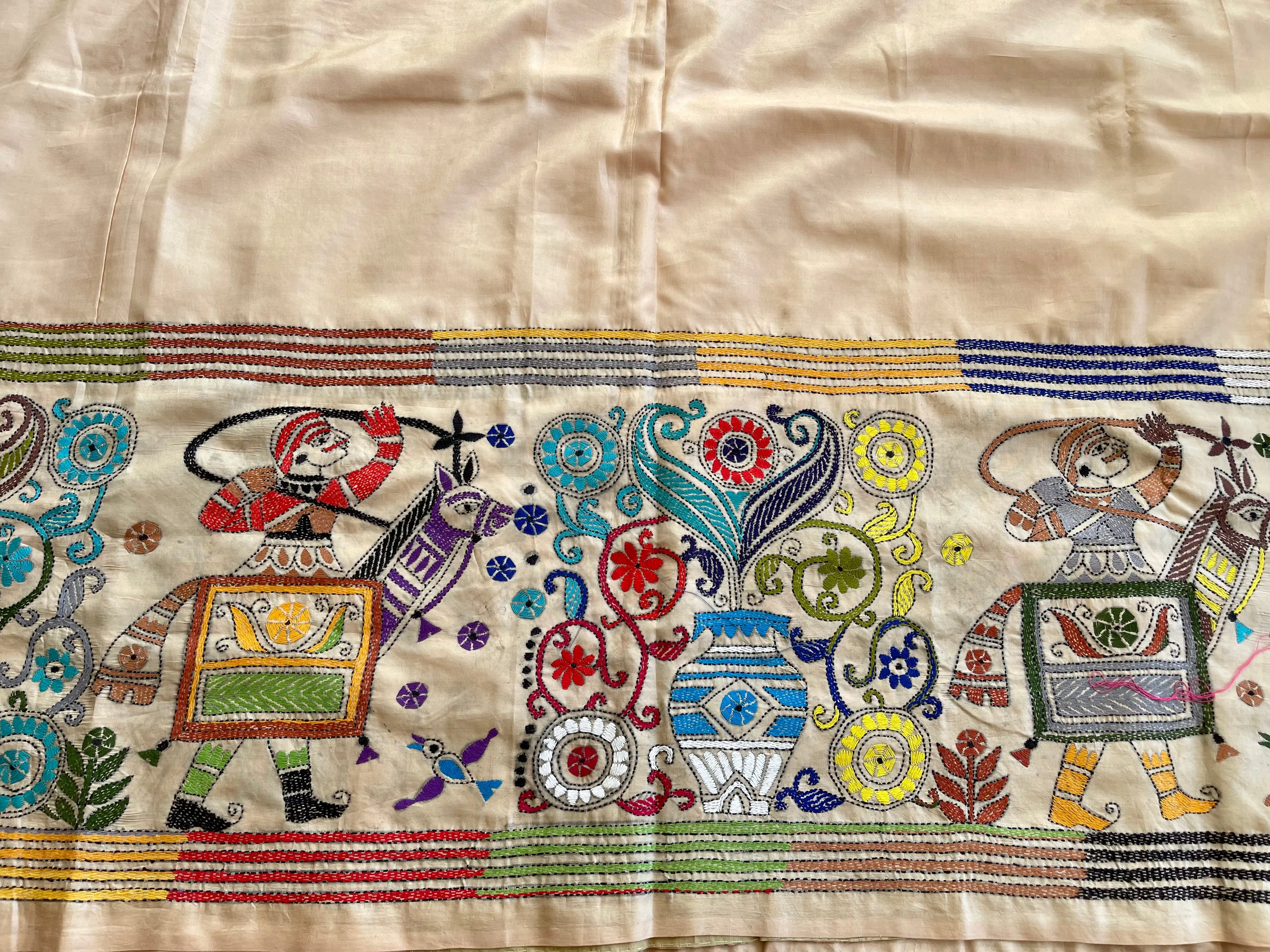 Beige Pure Bangalore Silk Kantha Stitch Saree
