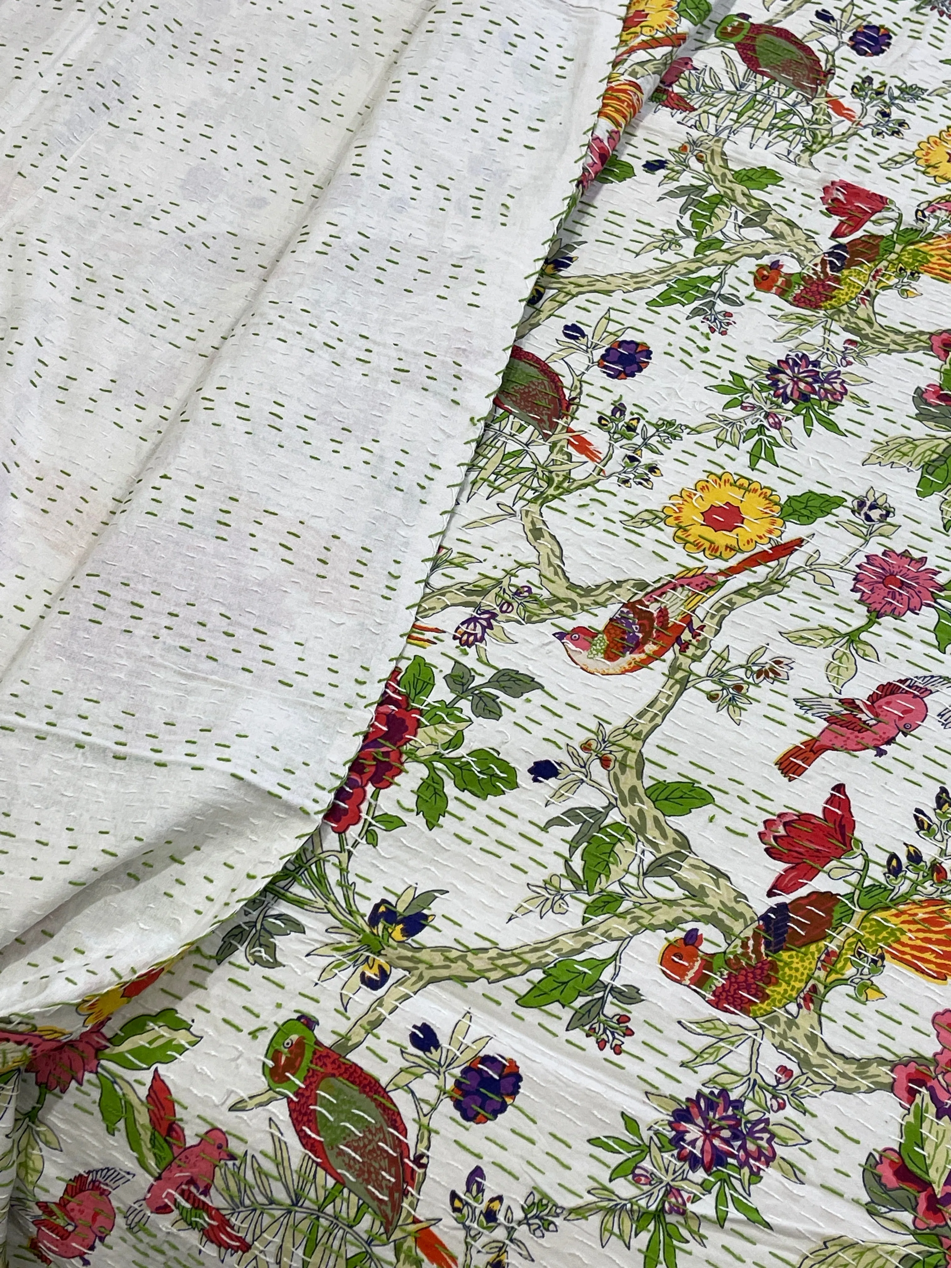 Bird of Prey Orange Green Indian Handmade Reversible Cotton Kantha Quilt