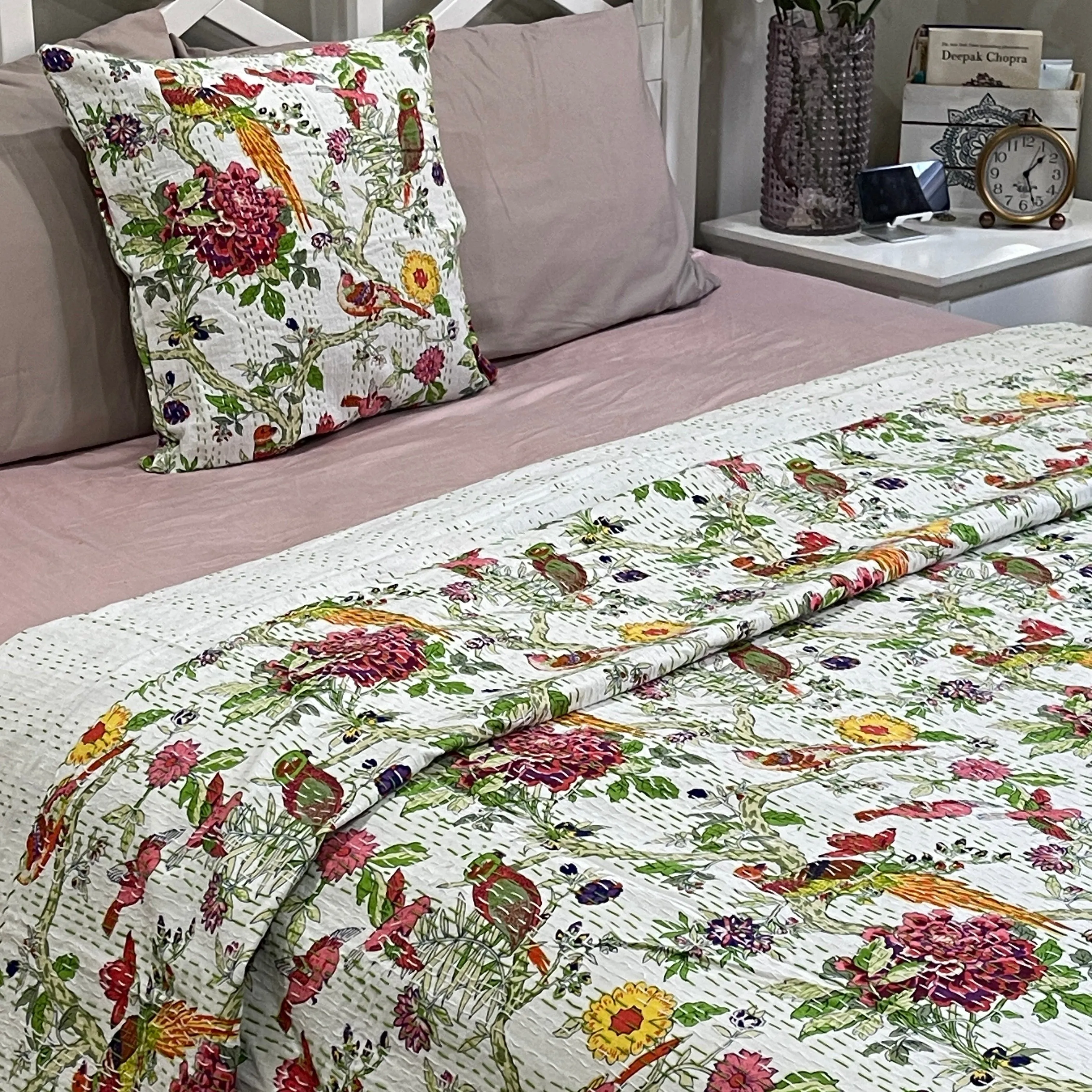 Bird of Prey Orange Green Indian Handmade Reversible Cotton Kantha Quilt