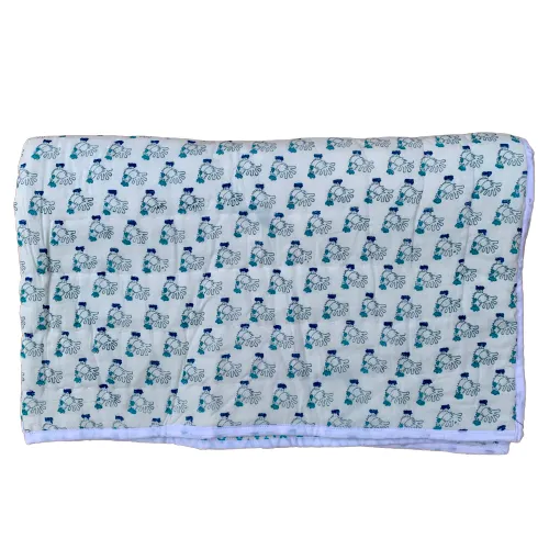 Blue Fish Print Cotton Reversible Padded Baby Quilt Bedspread