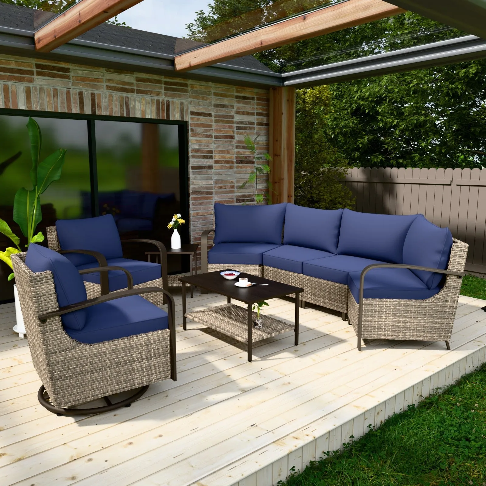 Coastal Vista Outdoor Patio Furniture Set w/ Swivel Rocker Chair Seats 6
