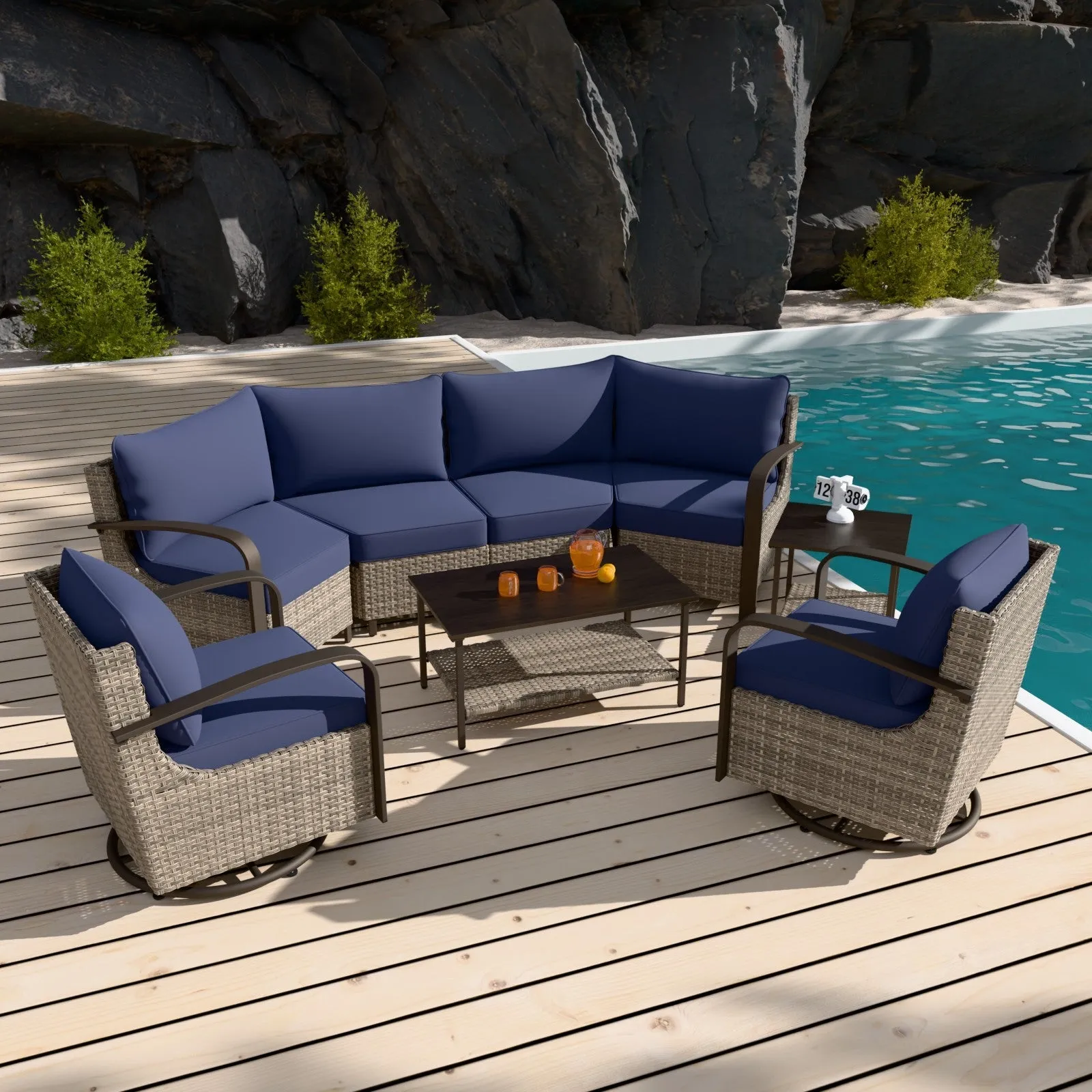 Coastal Vista Outdoor Patio Furniture Set w/ Swivel Rocker Chair Seats 6