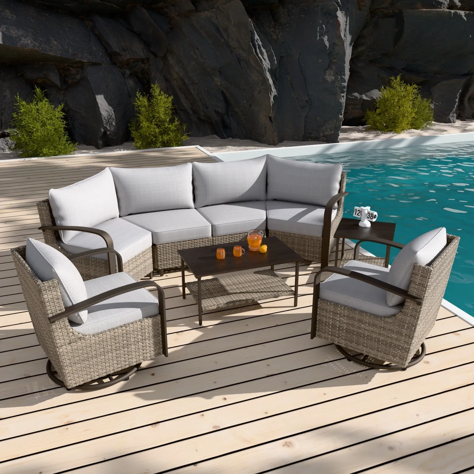 Coastal Vista Outdoor Patio Furniture Set w/ Swivel Rocker Chair Seats 6