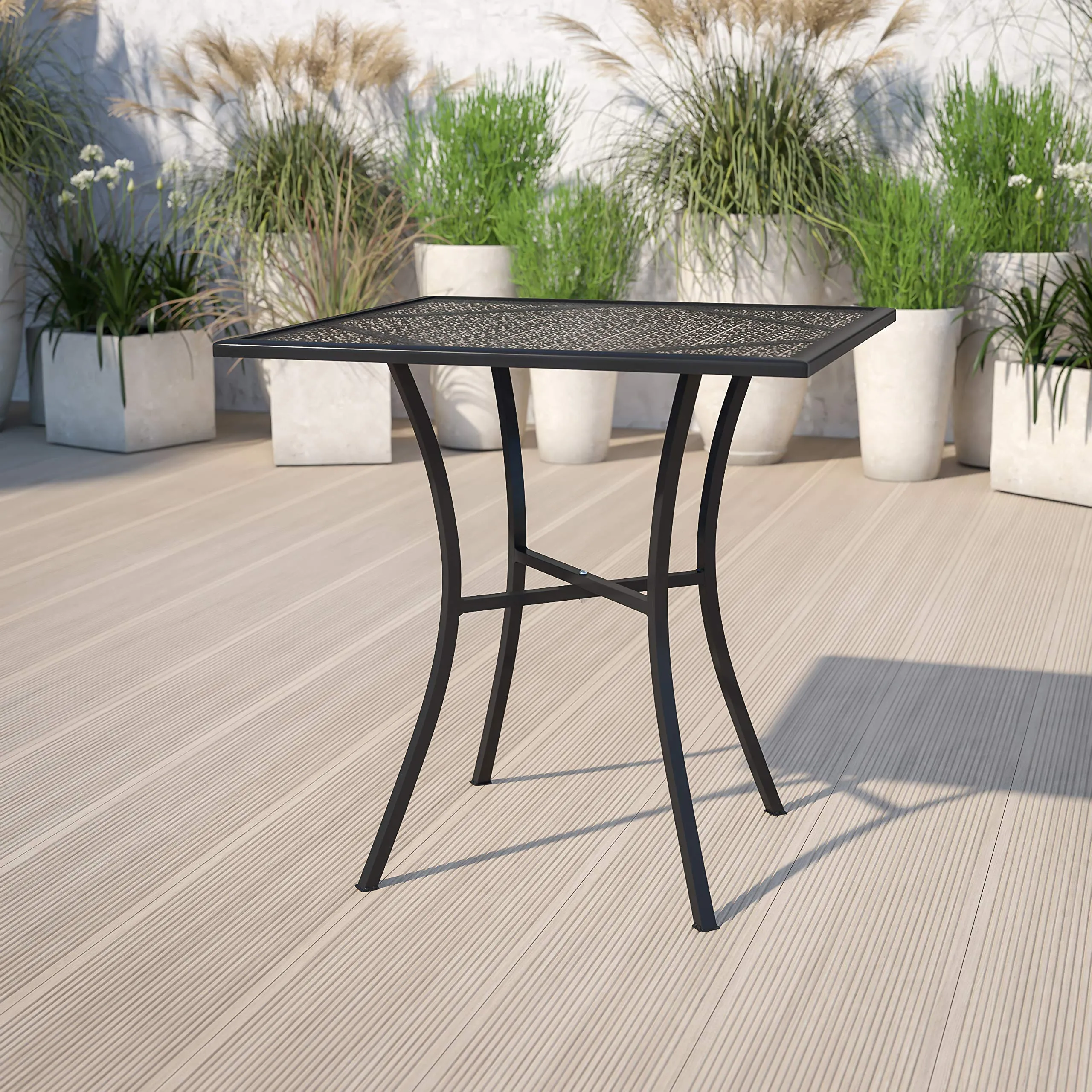 Flash Furniture Oia 28" Commercial Grade Steel Patio Table, Modern Square Rain Flower Design Outdoor Dining Table, Black
