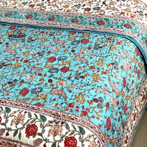 Fruity Turquoise Floral Cotton Padded Kantha Bedspread Quilt Comforter