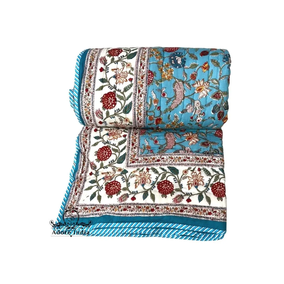 Fruity Turquoise Floral Cotton Padded Kantha Bedspread Quilt Comforter