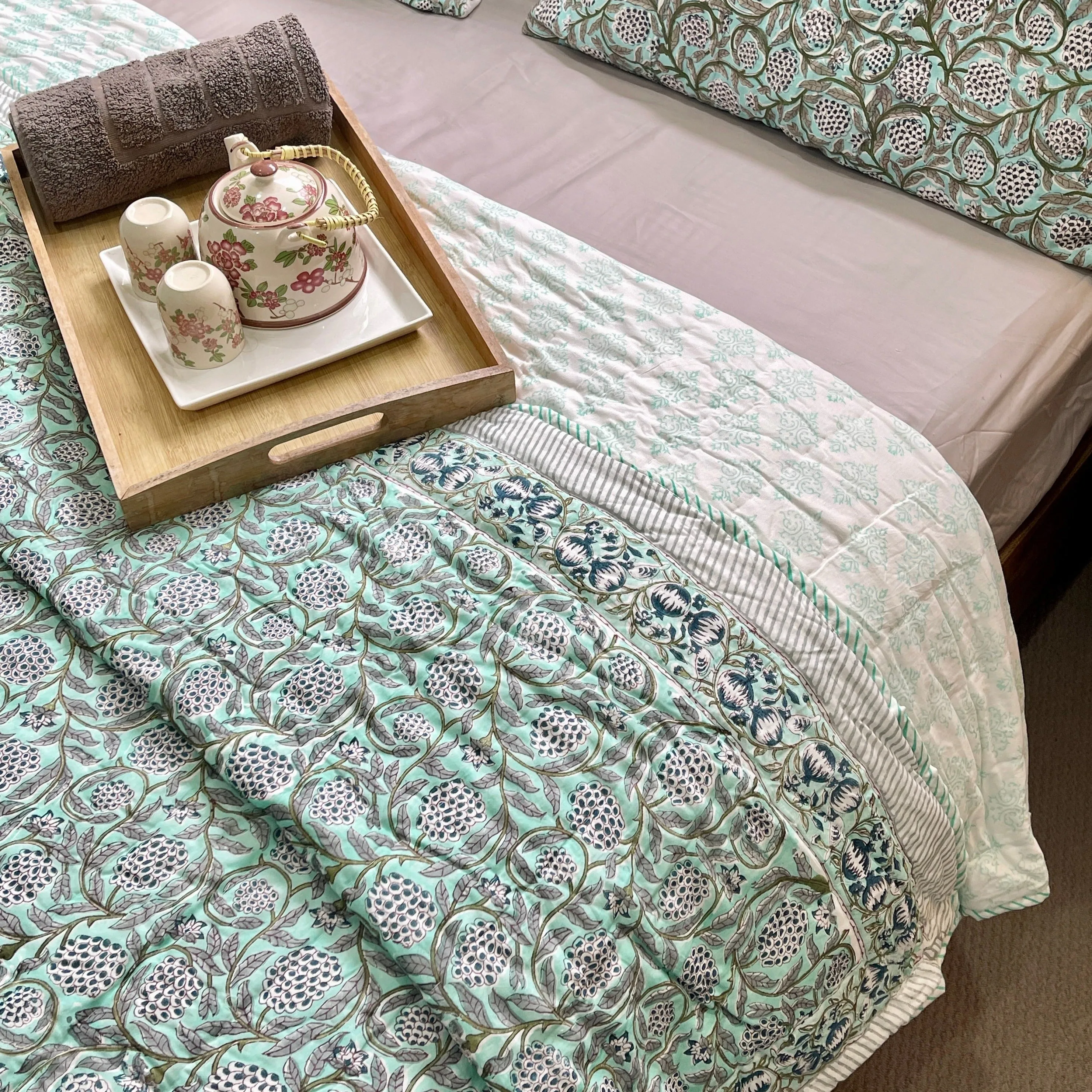 Hand Block Hand Printed Cotton Turquoise Floral Quilt Bedspread Set