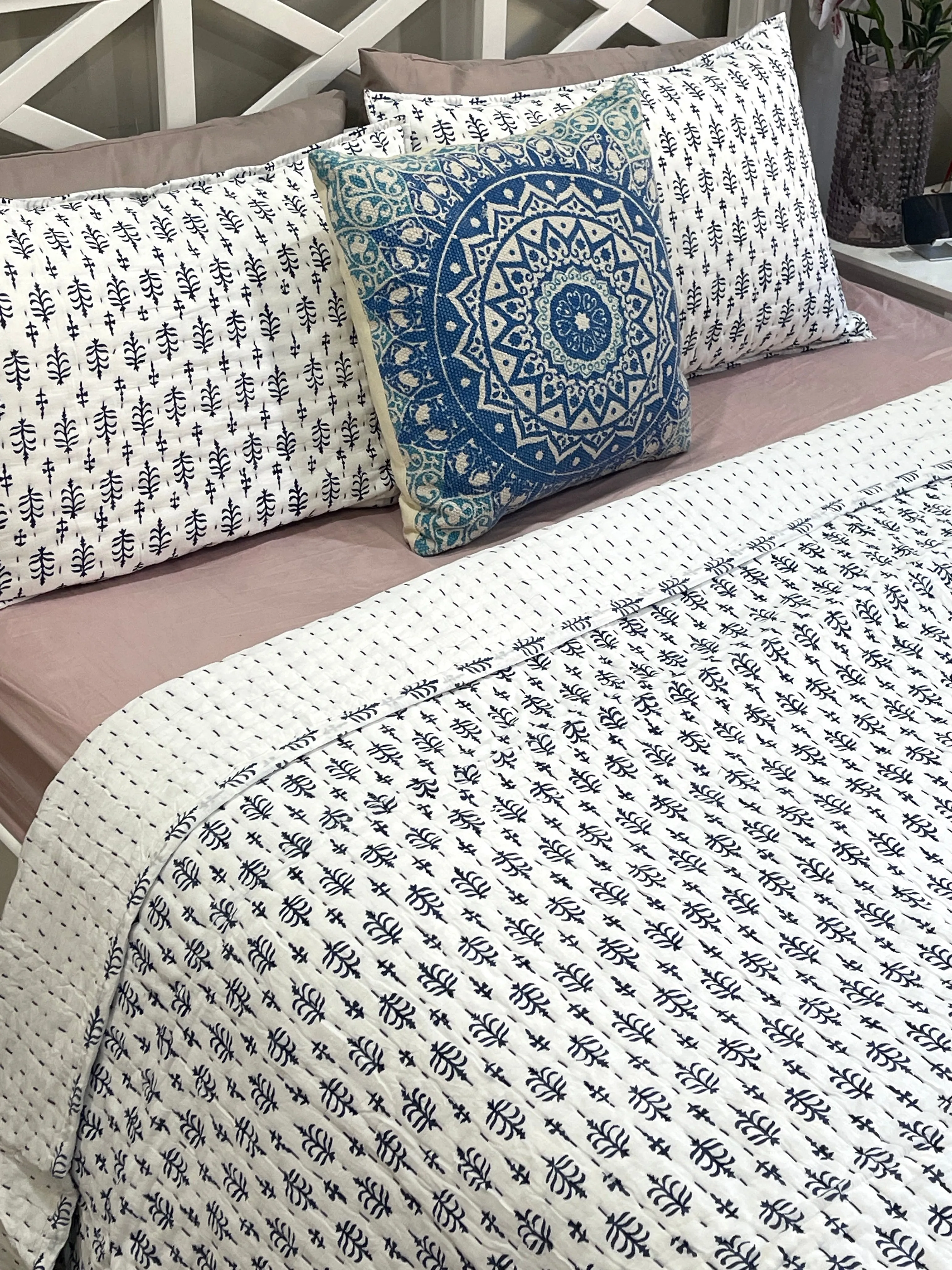 Hand Made Cotton Block Printed Padded Kantha Quilt
