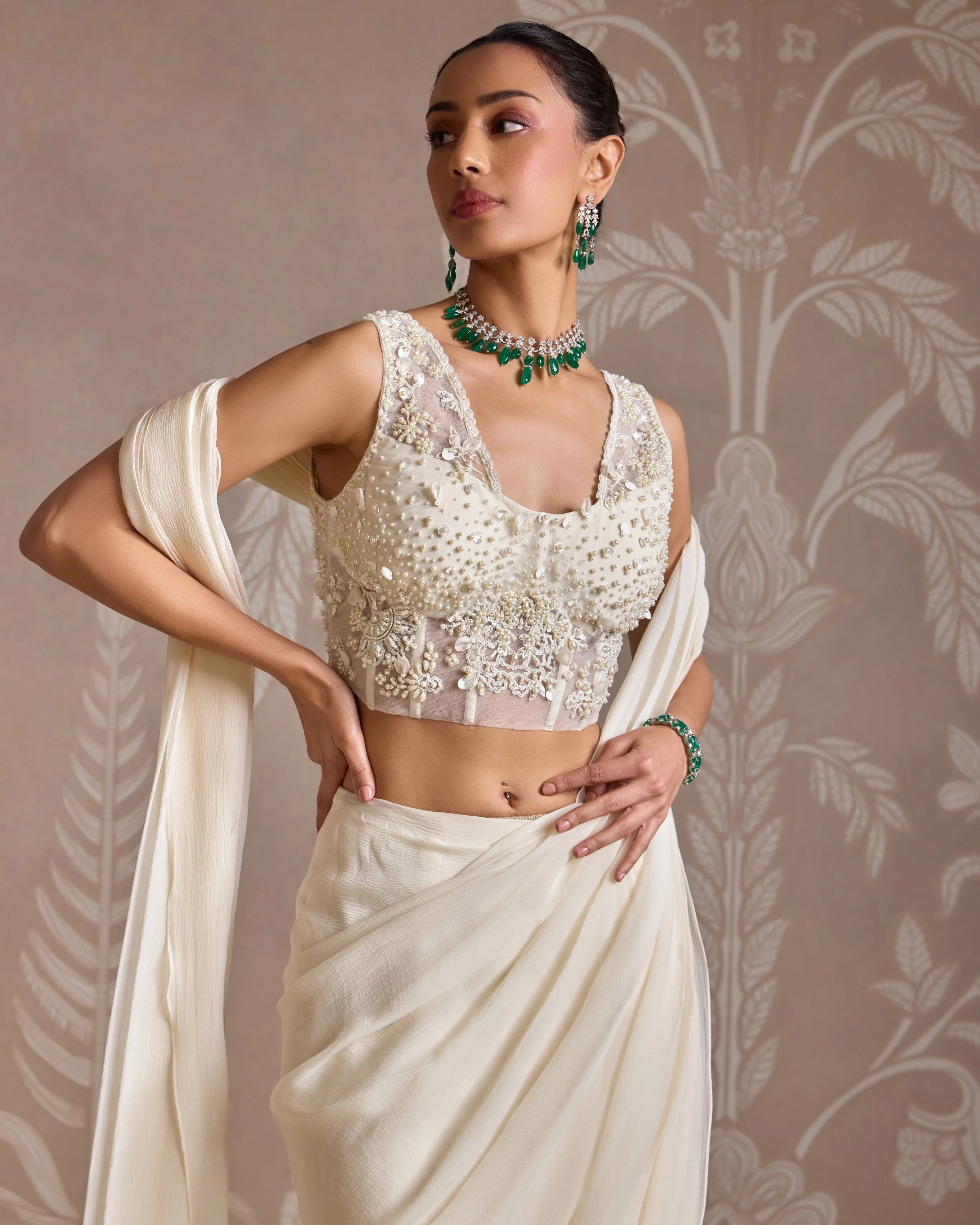 Ivory Spindle Pre Draped Sari Set