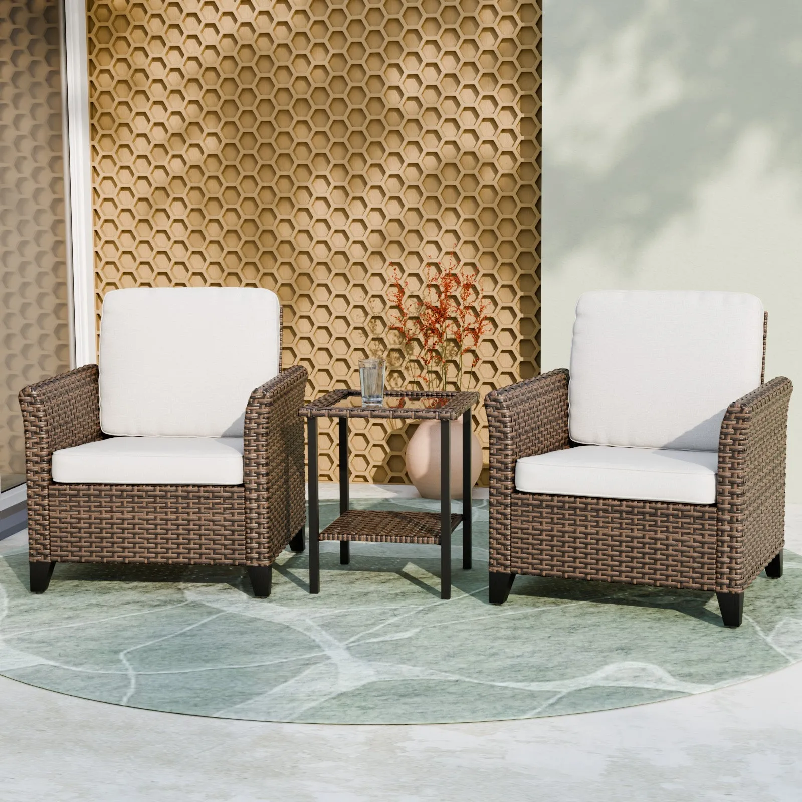 Ocean Vista 3 Piece Outdoor Wicker Bistro Set, Patio Chairs with Side Table