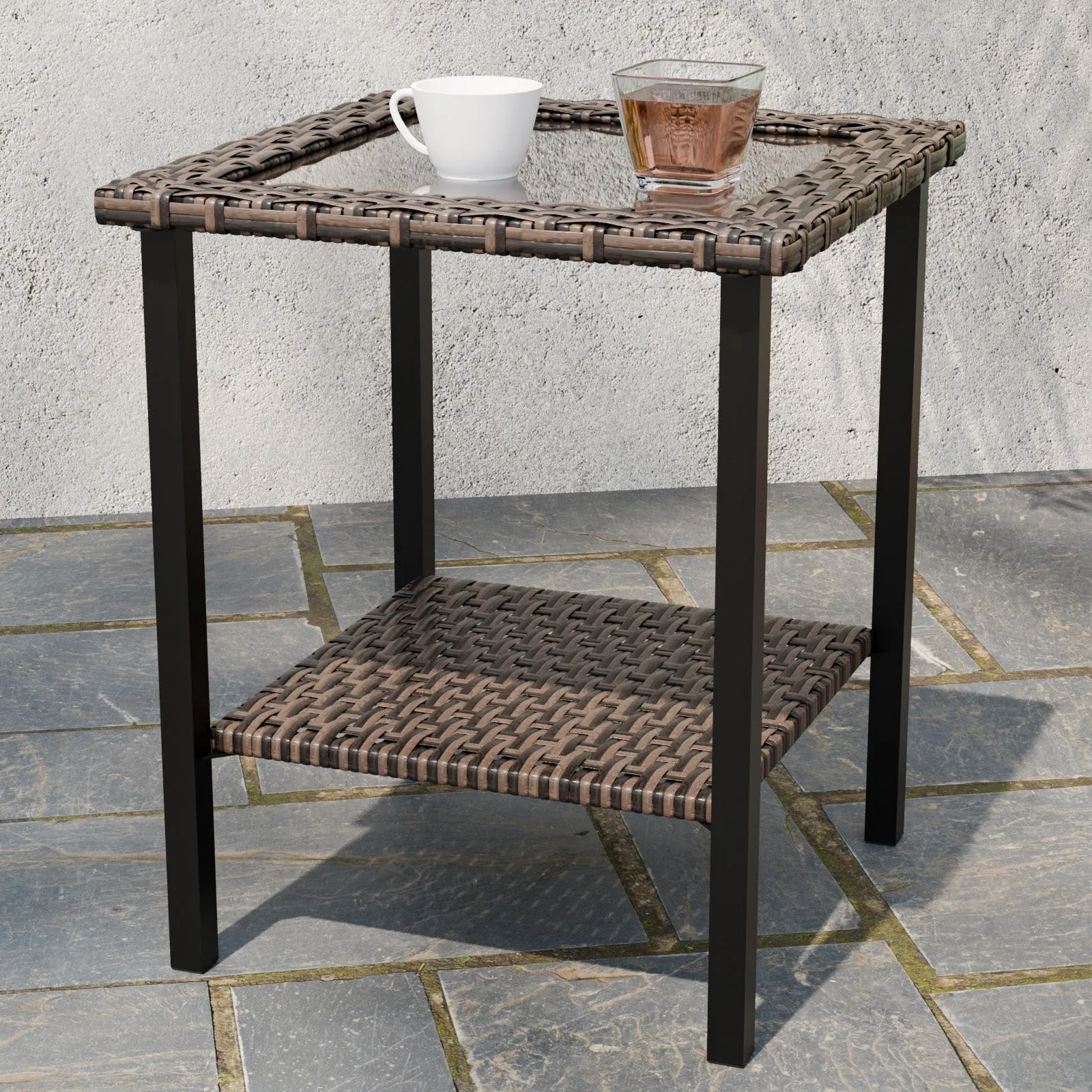 Ocean Vista Outdoor Wicker Side Table Tempered Glass Top, Brown