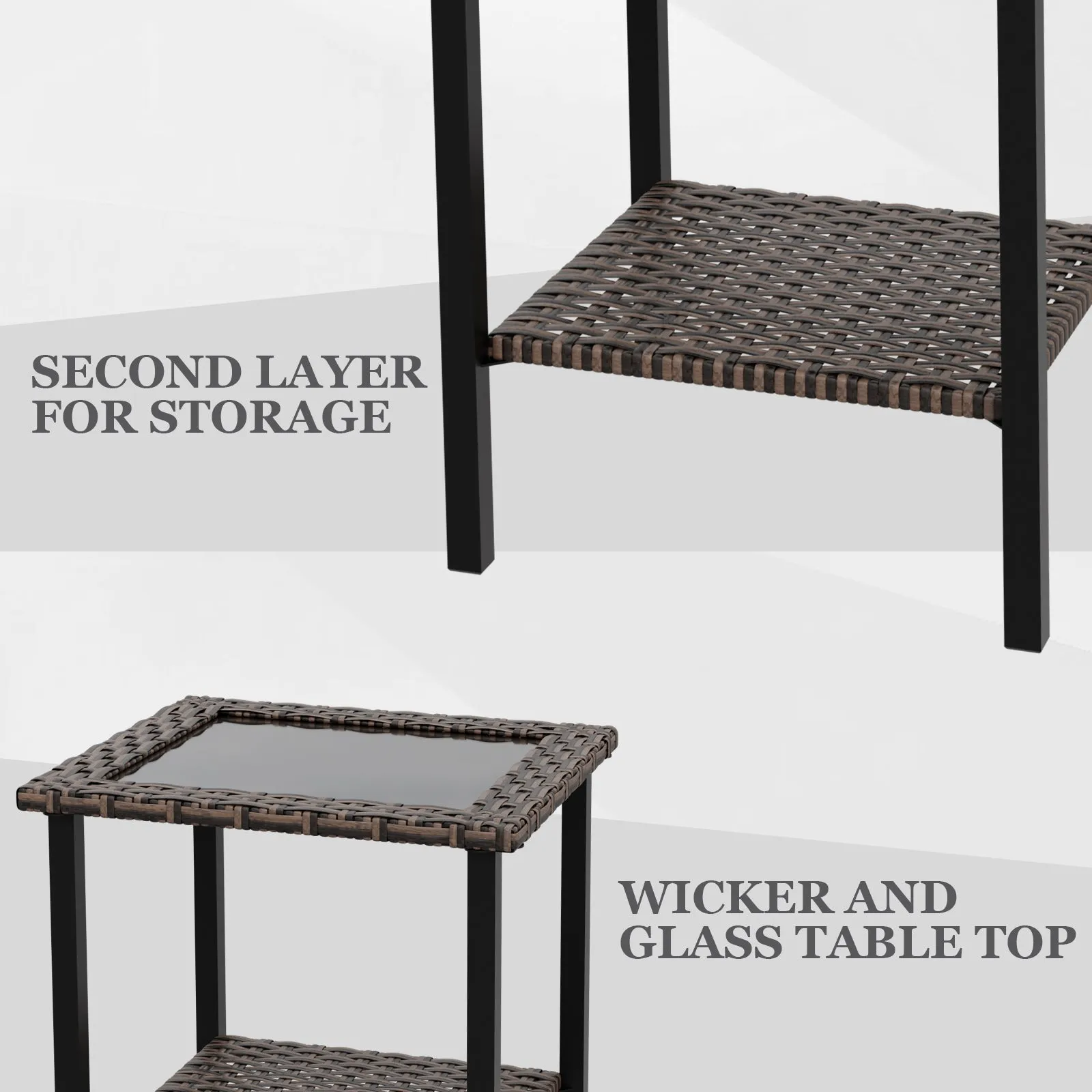 Ocean Vista Outdoor Wicker Side Table Tempered Glass Top, Brown