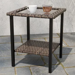 Ocean Vista Outdoor Wicker Side Table Tempered Glass Top, Brown