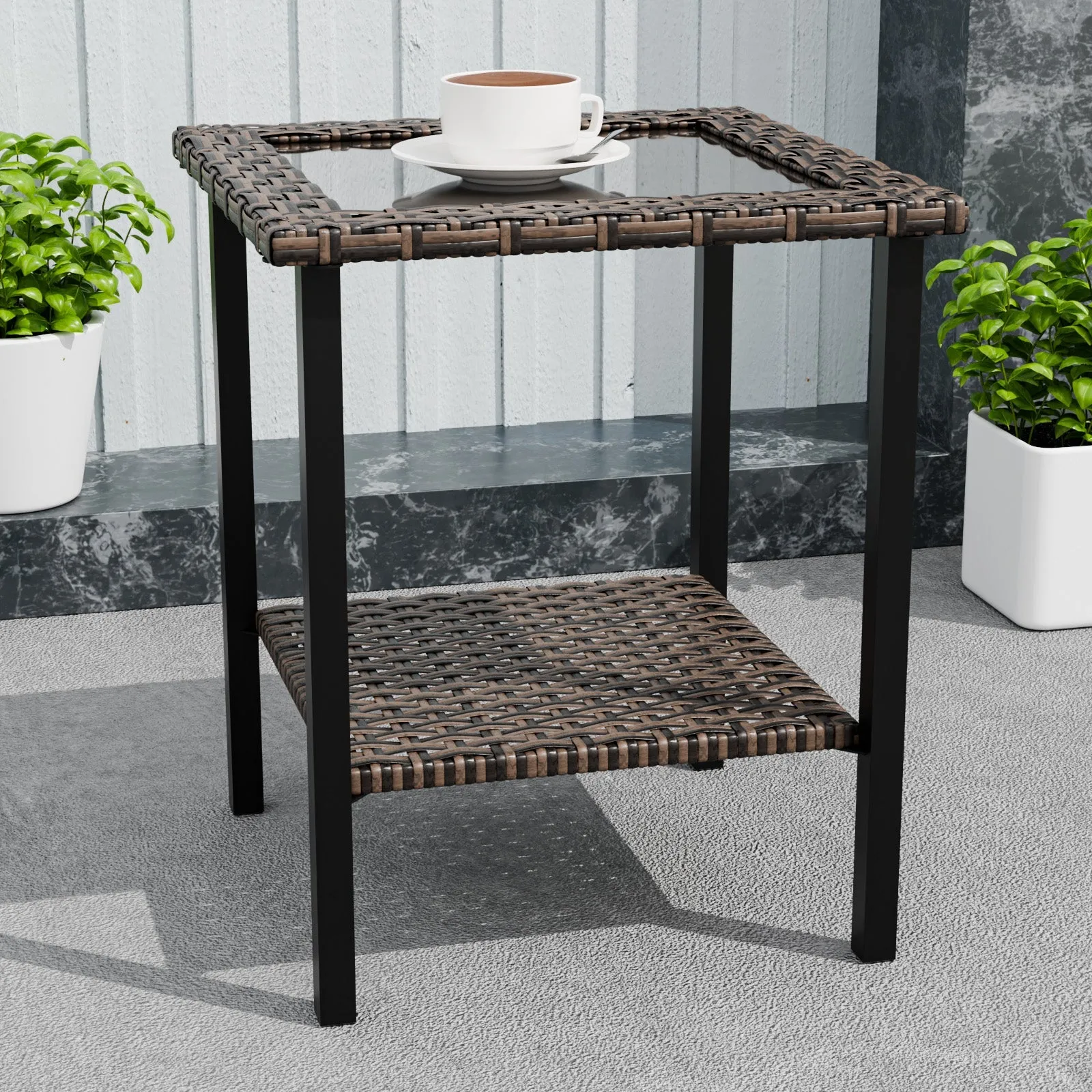 Ocean Vista Outdoor Wicker Side Table Tempered Glass Top, Brown