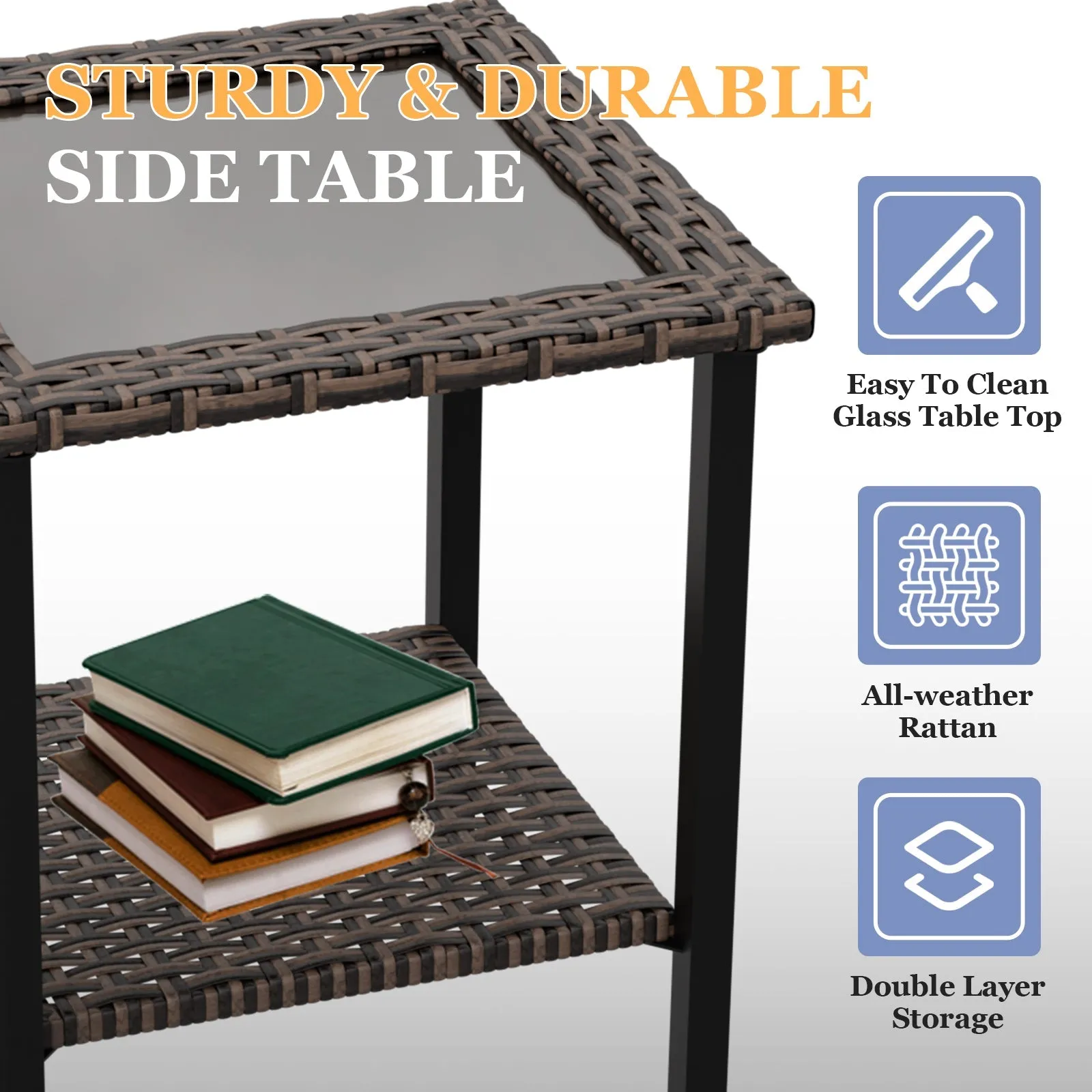 Ocean Vista Outdoor Wicker Side Table Tempered Glass Top, Brown