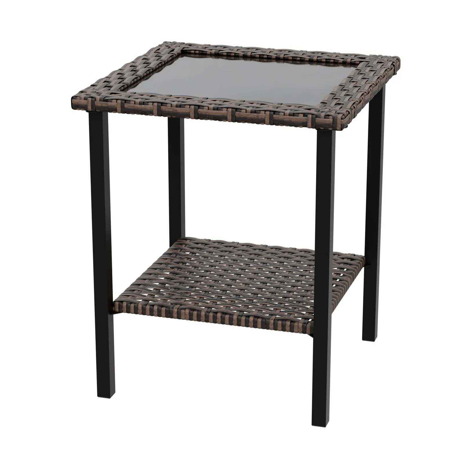 Ocean Vista Outdoor Wicker Side Table Tempered Glass Top, Brown