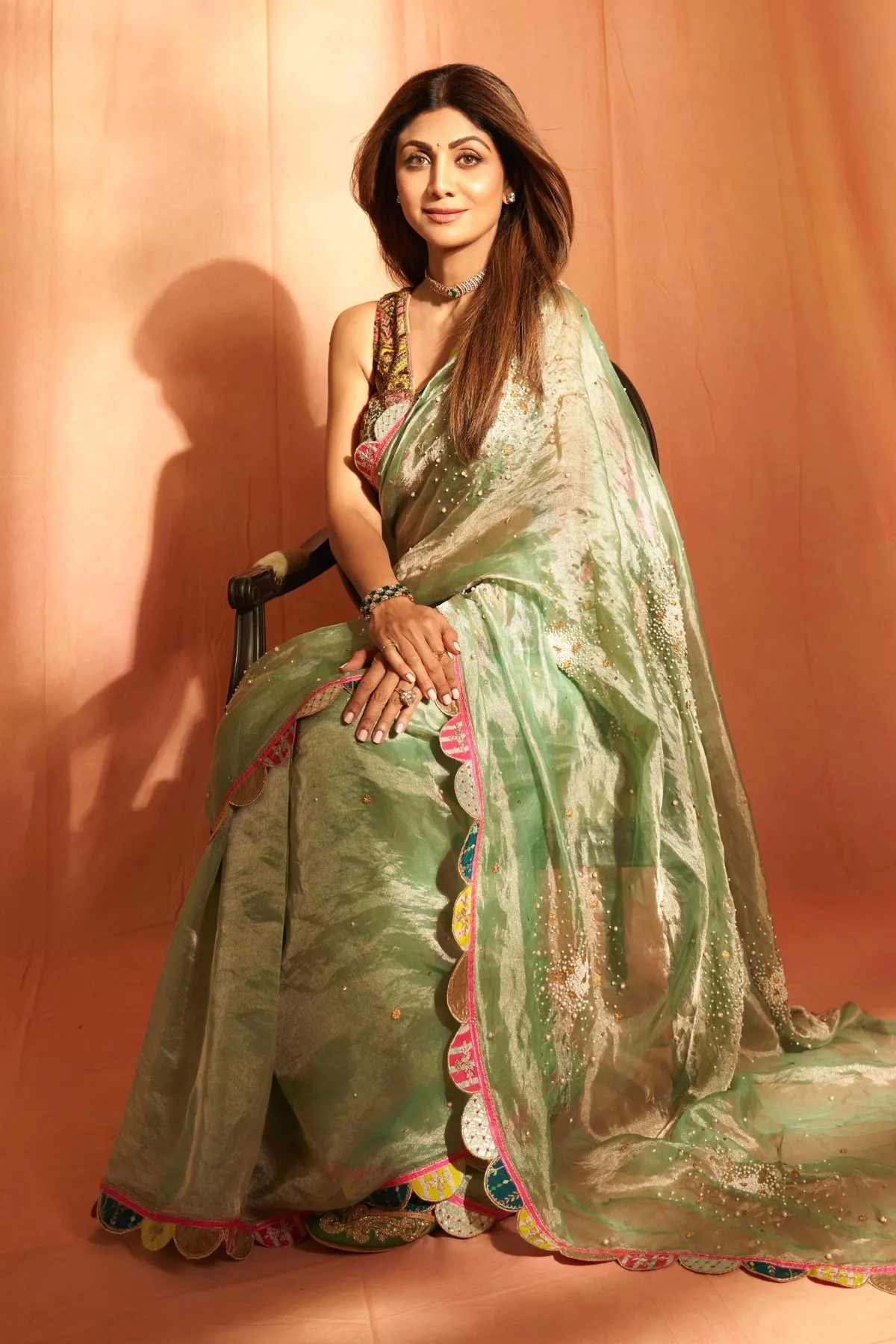 Shilpa Shetty Powder Blue Pearl Sprinkle Tissue Saree Set